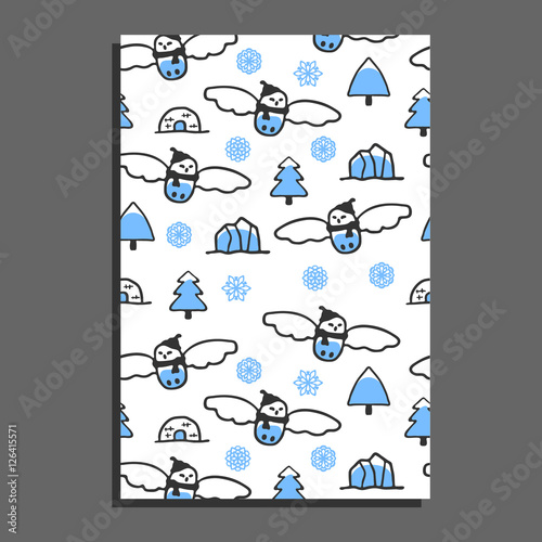 Greeting card template with cute cartoon snowy owl. Vector doodle owl and icebergs. Arctic bird wears scarf