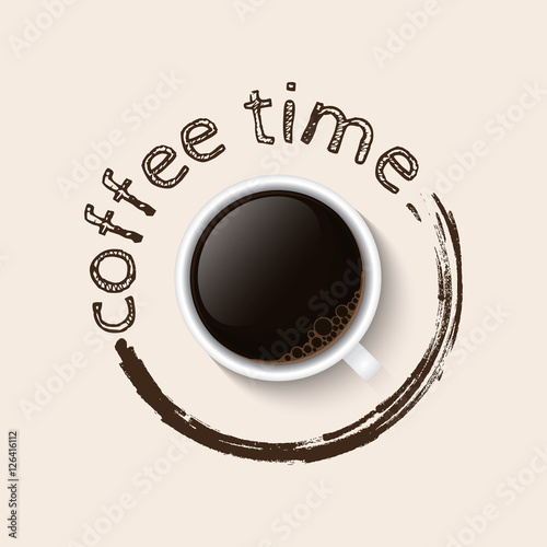 Coffee time. Poster with realistic coffee cup filled with black classic espresso on a light background with the text. Vector Illustration.