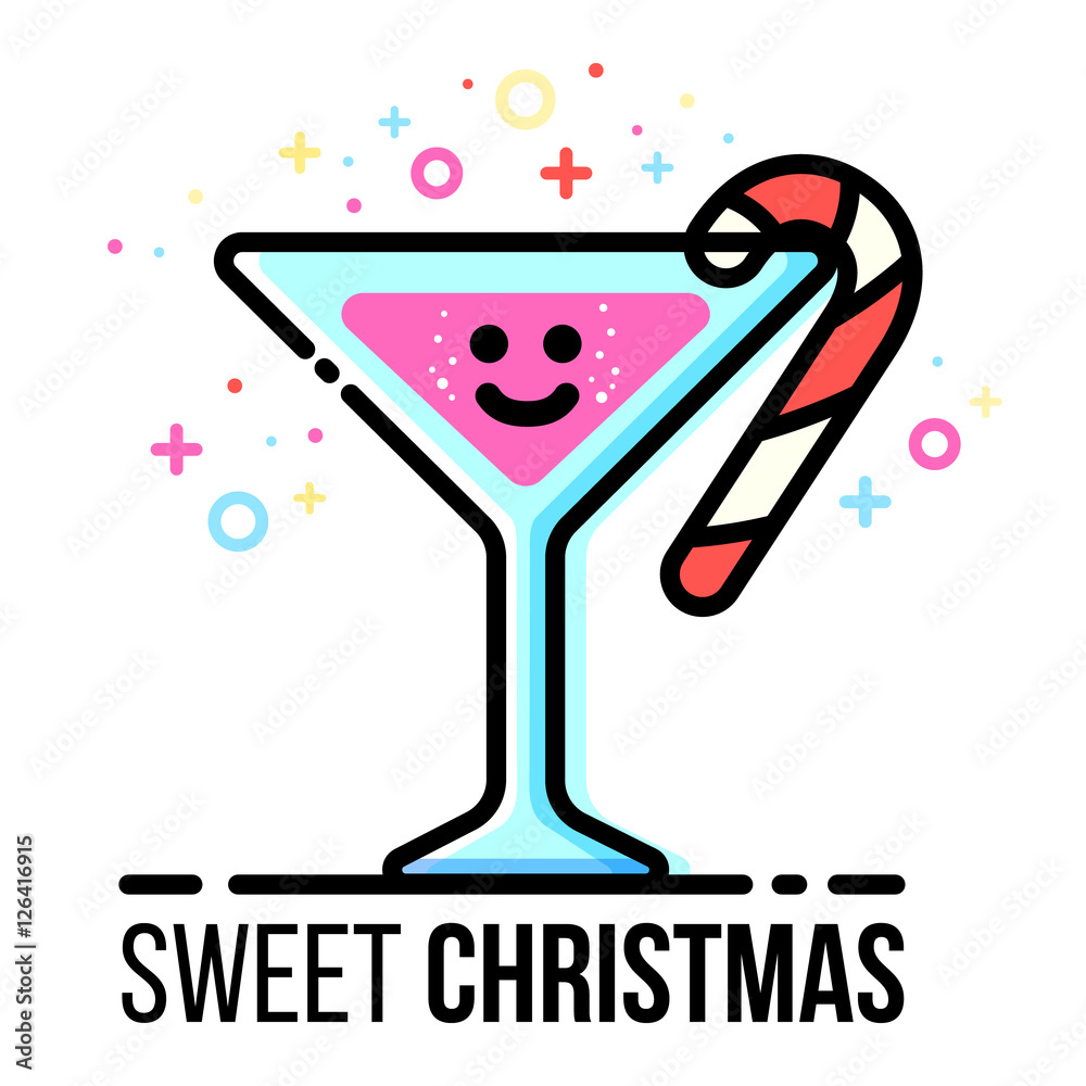 Vector christmas greeting card. Hot drink goblet with candy cane. Sugar stick in sparkling glass. Flat line style. New year festive design. Vector christmas greeting card. Hot drink goblet with candy cane. Sugar stick in sparkling glass. Flat line style. New year festive design.