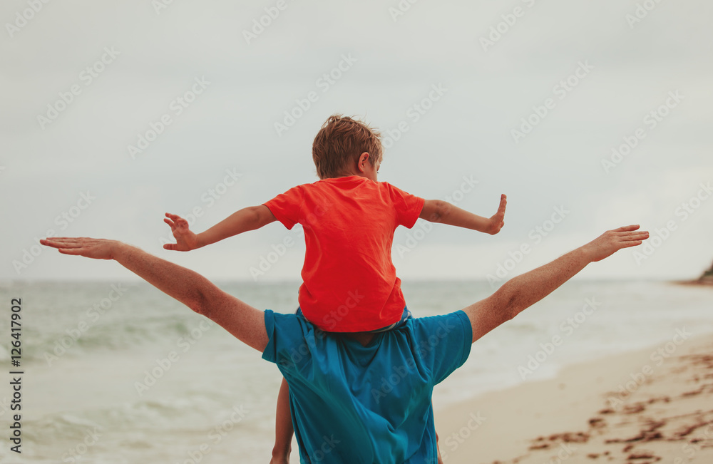 happy father and little son play on sky at beach happy father and little son play on sky at beach