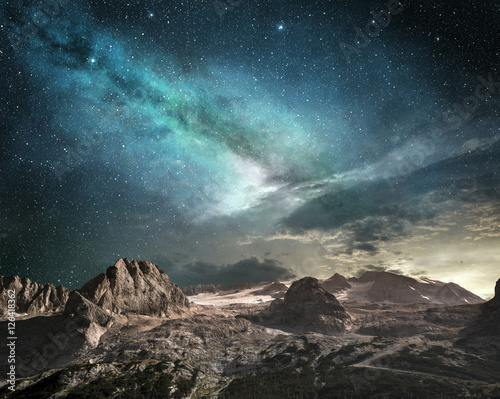 milky way at dawn on a mountain landscape