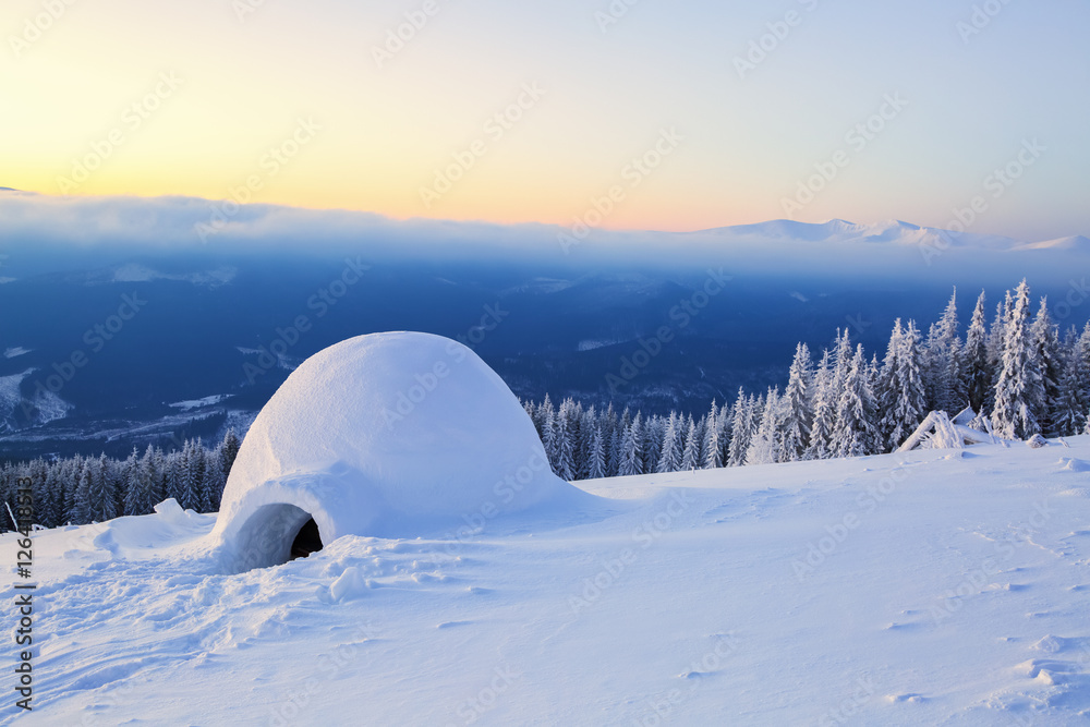 Naklejka premium Big round igloo stands on mountains.