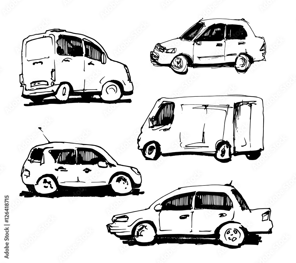 Set of hand drawn cars. Vector illustration.
