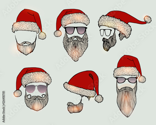 Stylish Santa. Hats and beards. Set of vector hand-drawn illustrations.