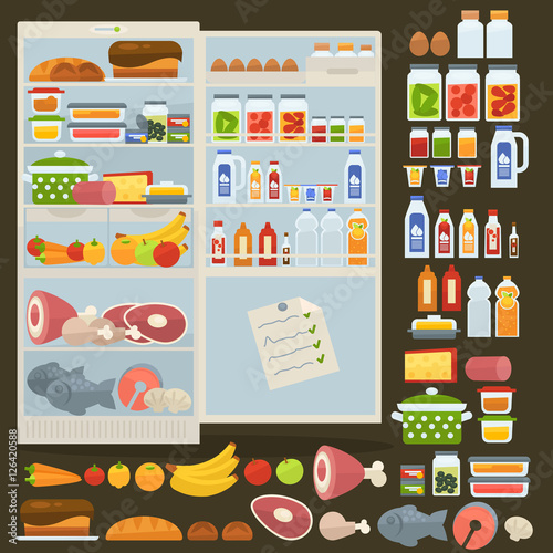Refrigerator and set of food.