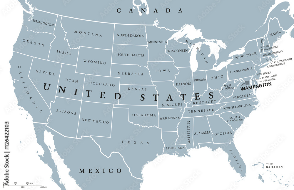 USA United States of America political map with capital Washington, single states, neighbor countries and borders except Hawaii and Alaska. Gray colored illustration with English labeling and scaling. - obrazy, fototapety, plakaty 