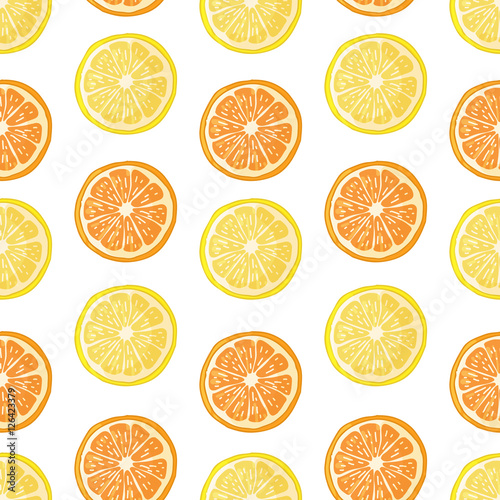 Seamless pattern with fruit decoration. Wallpaper with a pattern of slice orange and lemon. Fruit citrus background is for cafes, restaurants, a fabric. Vector.