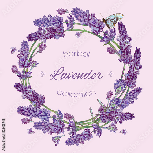 Vector lavender flowers wreath banners on lilac background. Design for cosmet...