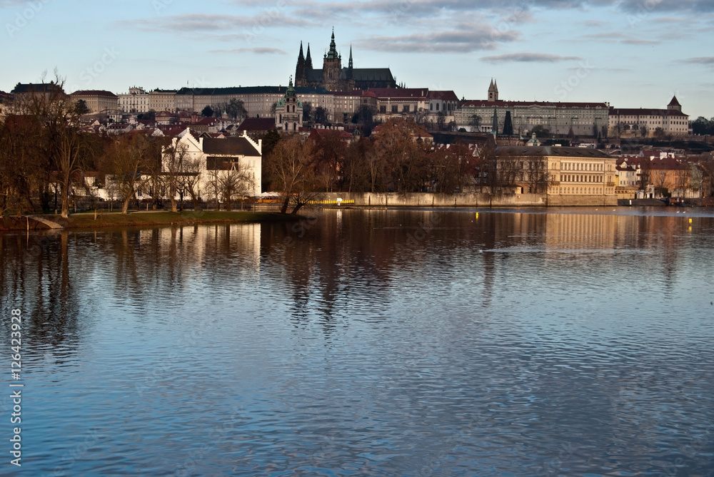 Vltava river with Prague Castle and Hradcany from Slovansky ostrov isle in Prague