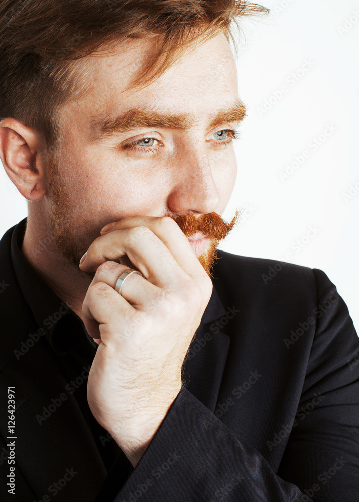 young red hair man with beard and mustache in black suit on whit young red hair man with beard and mustache in black suit on whit