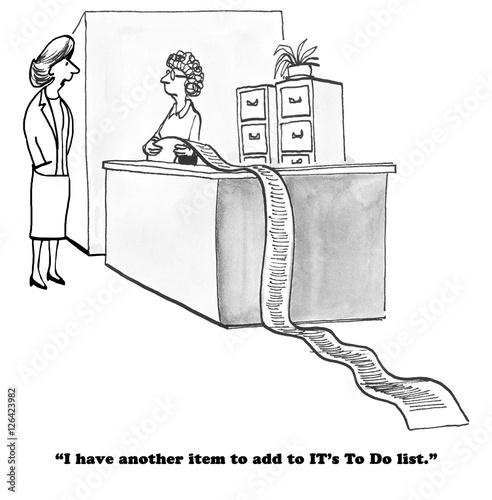 Black and white technology illustration of a businesswoman adding more items to IT's To Do list.