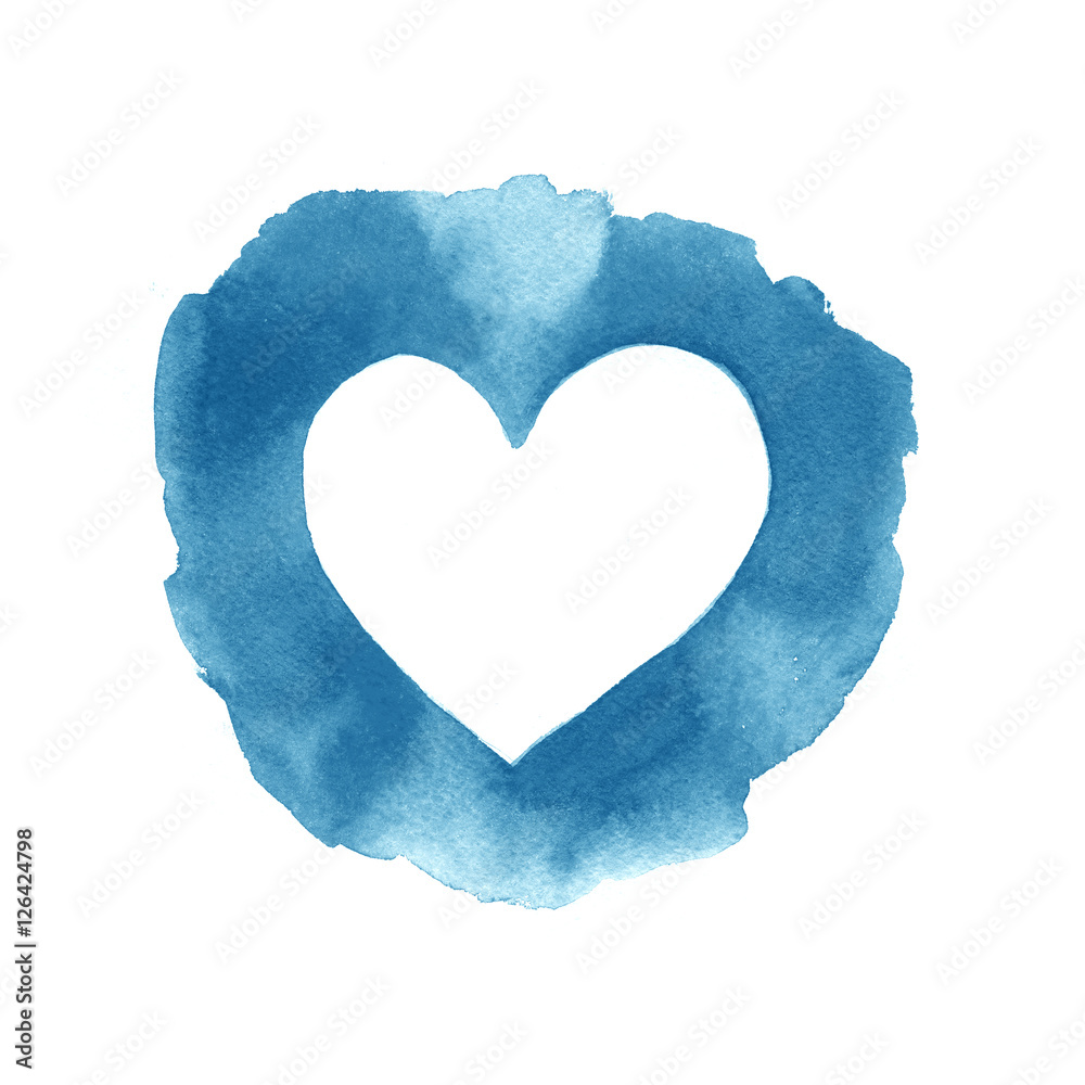 Watercolor abstract isolated painted blue heart frame.