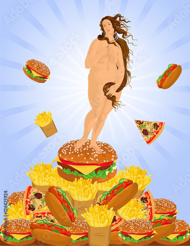 Fat woman and a heap of fast food. Fat woman caricature resembling Venus (painting “the birth of Venus” by Botticelli) and a heap of fast food. Vector illustration
