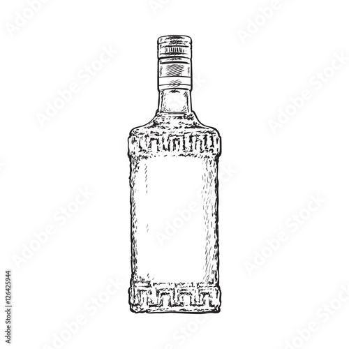 Bottle full of black and white tequila, sketch vector illustration isolated on white background. Hand drawn engraved bottle of tequila, gin, brandy, rum, whiskey alcohol beverage