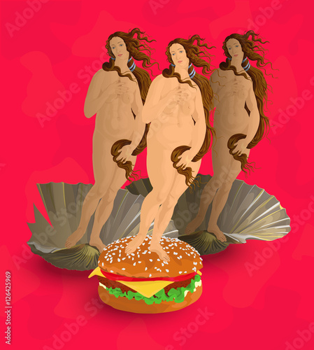Transformation fans of fast food. Venus by Botticelli and a fat woman, which she can become when will prefer fast food.
