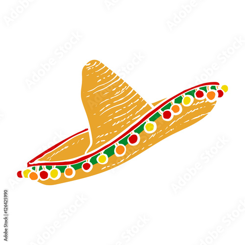 Traditional Mexican wide brimmed sombrero hat, vector illustration isolated on white background. Hand drawn Mexican sombrero