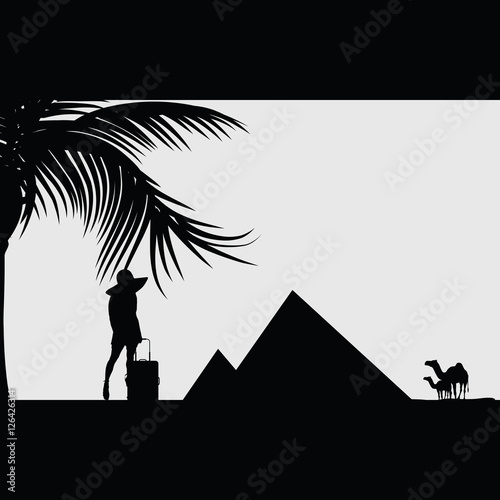 girl beauty silhouette front of pyramid travel illustration