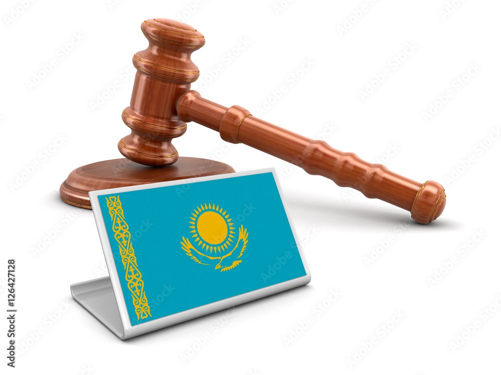 3d wooden mallet and Kazakh flag. Image with clipping path