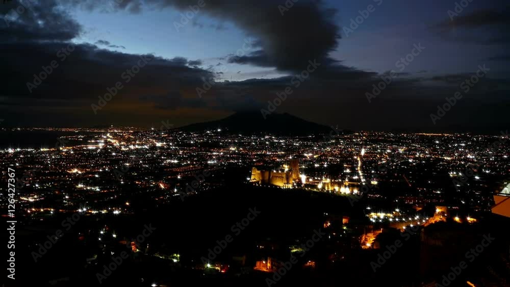 Time lapse over Pompei valley, gulf of Naples and Mount Vesuvius at night Time lapse over Pompei valley, gulf of Naples and Mount Vesuvius at night