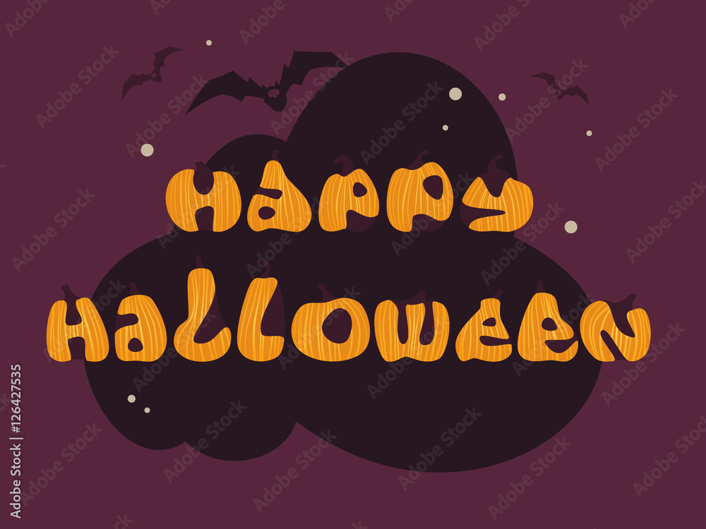 Happy Halloween. Text of pumpkins on a background of dark clouds. Departing bats. Vector illustration.