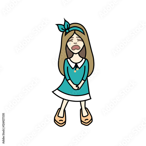 Little girl in a dress. Emotion. girl with long hair. child sad