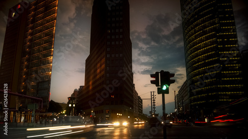 Berlin - Potsdamer Platz at dusk with traffic cars and traffic light