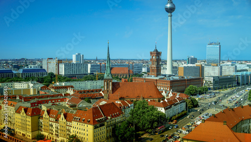 Aerial view of Berlin skyline with famous TV tower and Spree river in sunny day