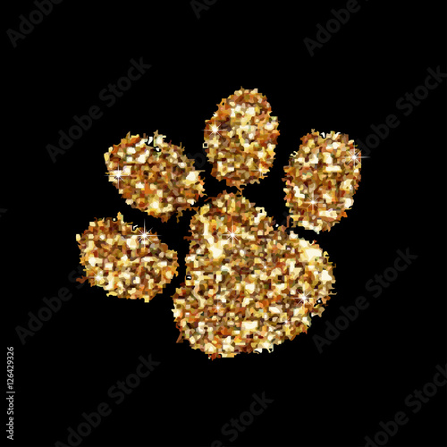 Gold glitter animal footprint isolated on background. Vector illustration. Art icon. Creative concept for web, glow light confetti, bright sequins, sparkle tinsel, abstract bling, shimmer dust.