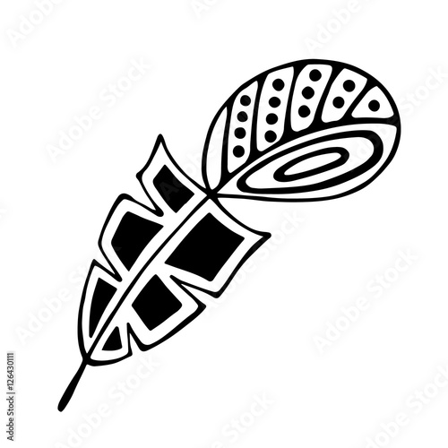 Vector hand drawn illustration, decorative ornamental stylized feather. Black and white graphic illustration isolated on the white background. Inc drawing silhouette.