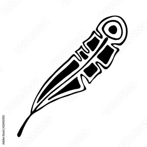 Vector hand drawn illustration, decorative ornamental stylized feather. Black and white graphic illustration isolated on the white background. Inc drawing silhouette.