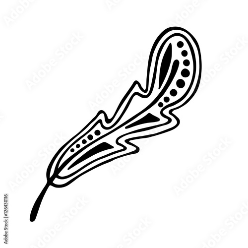 Vector hand drawn illustration, decorative ornamental stylized feather. Black and white graphic illustration isolated on the white background. Inc drawing silhouette.