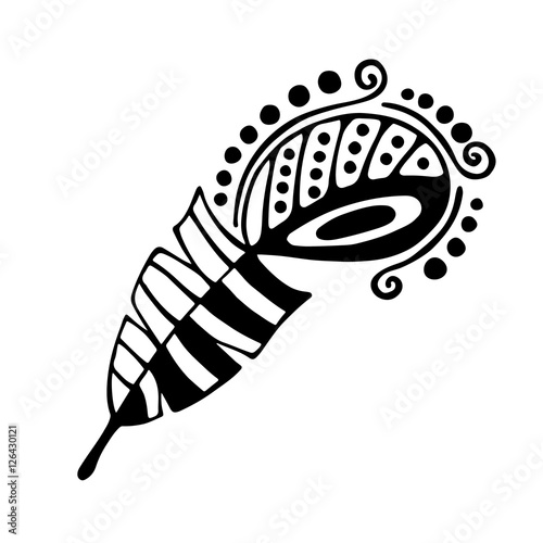 Vector hand drawn illustration, decorative ornamental stylized feather. Black and white graphic illustration isolated on the white background. Inc drawing silhouette.
