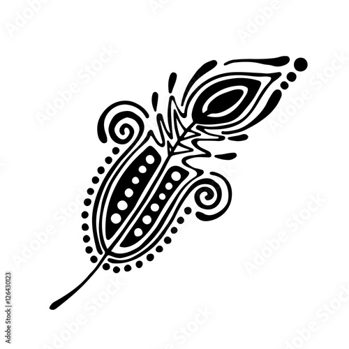 Vector hand drawn illustration, decorative ornamental stylized feather. Black and white graphic illustration isolated on the white background. Inc drawing silhouette.