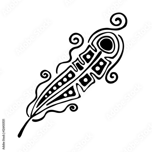 Vector hand drawn illustration, decorative ornamental stylized feather. Black and white graphic illustration isolated on the white background. Inc drawing silhouette.