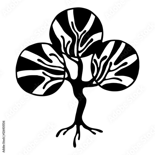 Vector hand drawn illustration, decorative ornamental stylized tree. Black and white graphic illustration isolated on the white background. Inc drawing silhouette. Decorative artistic ornamental wood
