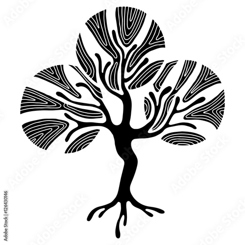 Vector hand drawn illustration, decorative ornamental stylized tree. Black and white graphic illustration isolated on the white background. Inc drawing silhouette. Decorative artistic ornamental wood