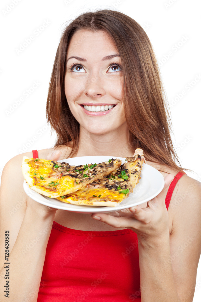 woman holding plate with pieces of pizza