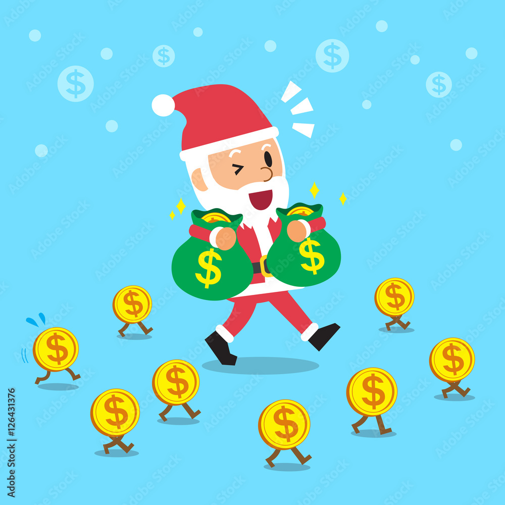 Santa claus carrying money bags and walking with money coins Santa claus carrying money bags and walking with money coins