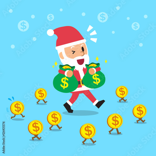 Santa claus carrying money bags and walking with money coins