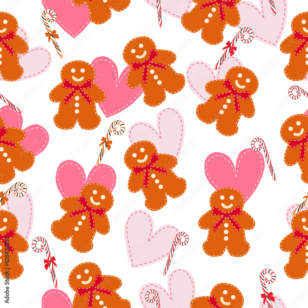 Fototapeta Gingerbread Man. Candy cane. Vector hearts set. Vector illustration. Beautiful seamless pattern.