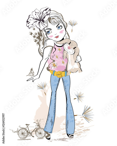 Cute fashion girl with a bunny, decorated with flowers. Hand drawn Vector Illustration. 