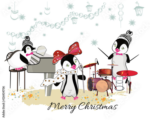 Series of cute penguins playing musical instruments. Christmas card. 