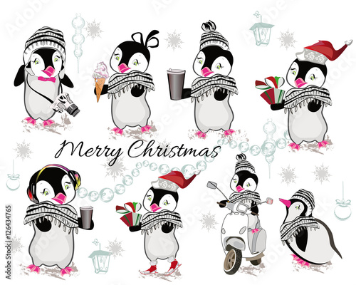 Set of cute penguins with coffee, ice-cream, gifts, headphones, camera, winter clothes. Christmas background.