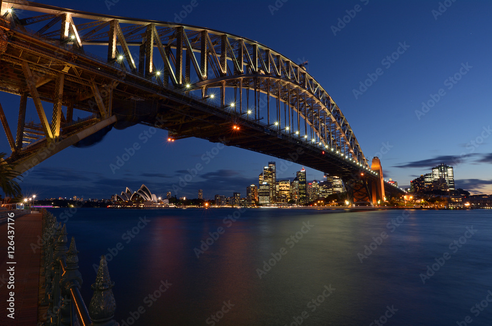 Sydney Harbour Bridge and Sydney Skyline at dusk