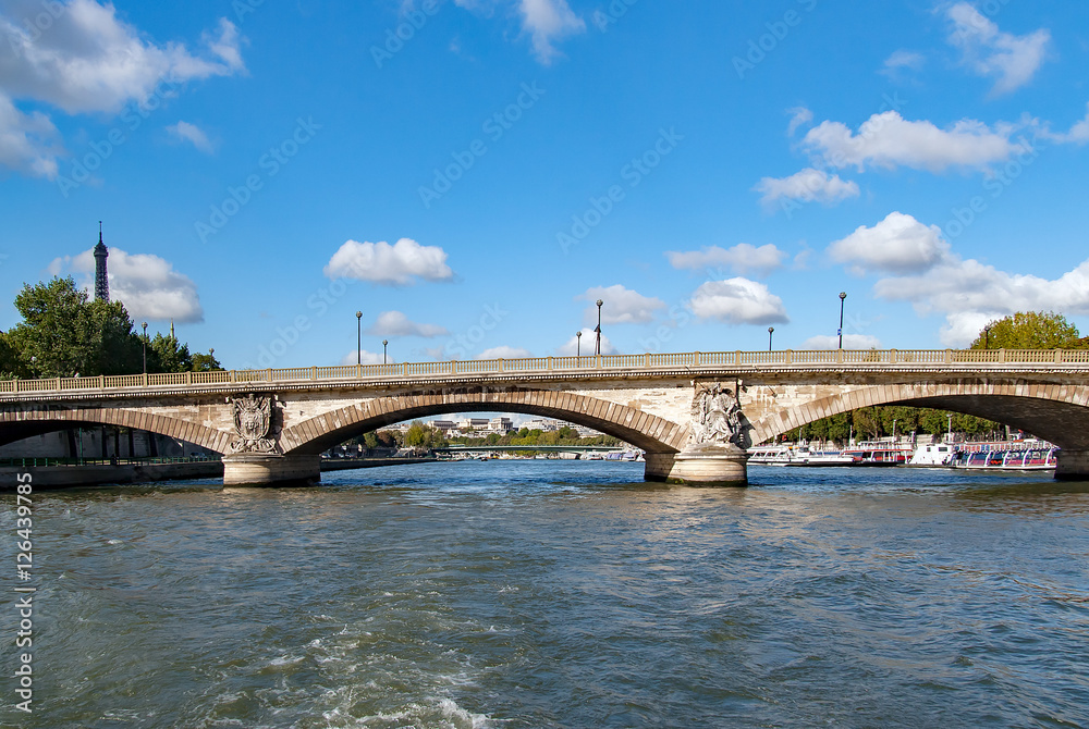 PARIS, FRANCE- circa april 2016. Lena bridge, Between the Trocadero Square and the Eiffel Tower on the River Seine