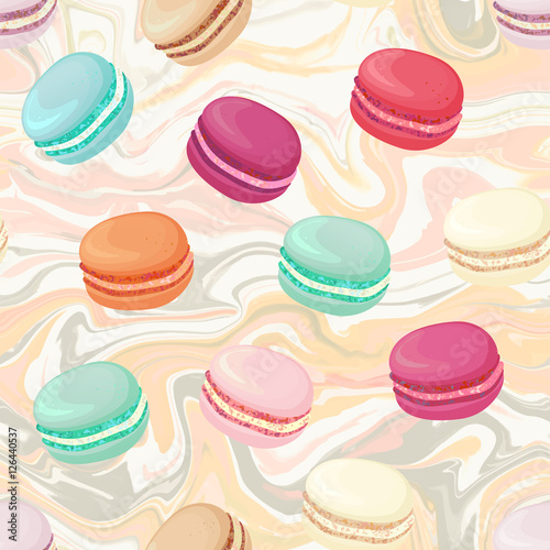 Realistic macaroons colorful seamless pattern. Trendy confectionery texture with different colors classic french almond cookies on marble background.