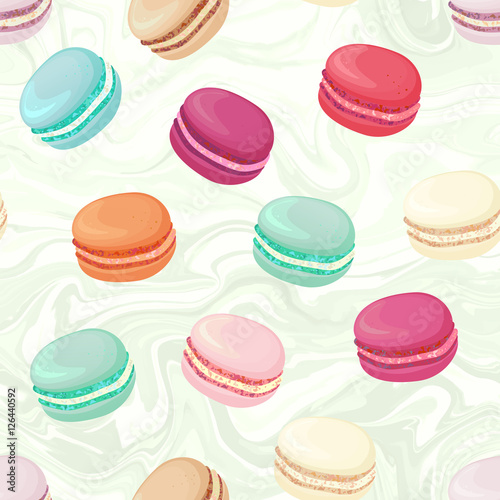 Realistic macaroons colorful seamless pattern. Trendy confectionery texture with different colors classic french almond cookies on marble background.