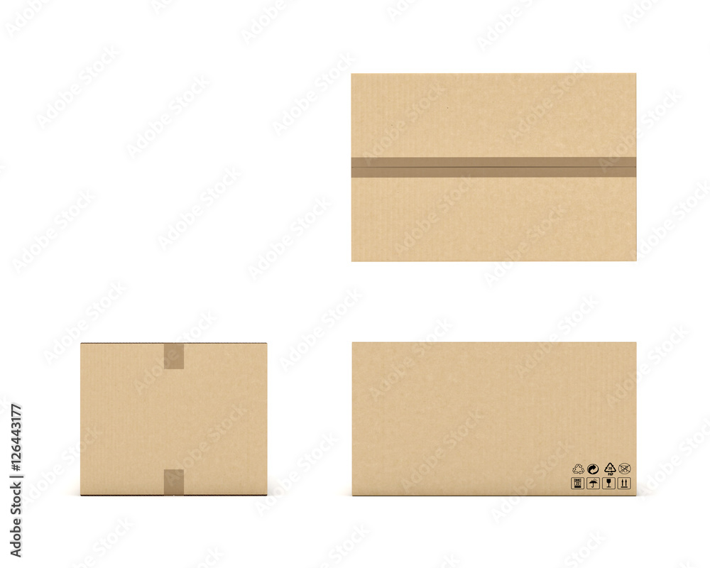 Rendering of light beige cardboard mail box taped with duct tape from different foreshortenings isolated on a white background. Rendering of light beige cardboard mail box taped with duct tape from different foreshortenings isolated on a white background.