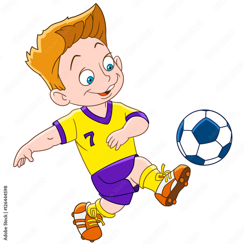 Cute and happy cartoon boy playing football, isolated on white background.  Childish vector illustration and colorful book page for kids. Stock Vector  | Adobe Stock
