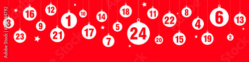 Advent calendar, hanging baubles on red background